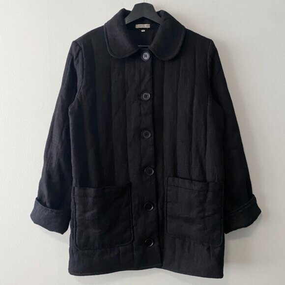 LINENIDstudio Ctom Made Black Quilted Linen Padded Jacket With Pockets - Picture 1 of 9